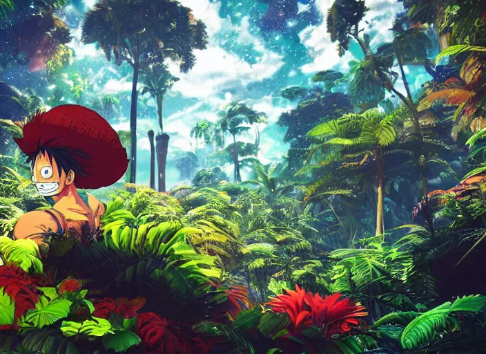 Image similar to a cg render of a colorful luffy in a noir galactic jungle, 8 k, unreal engine, detailed, hyperrealistic, octane