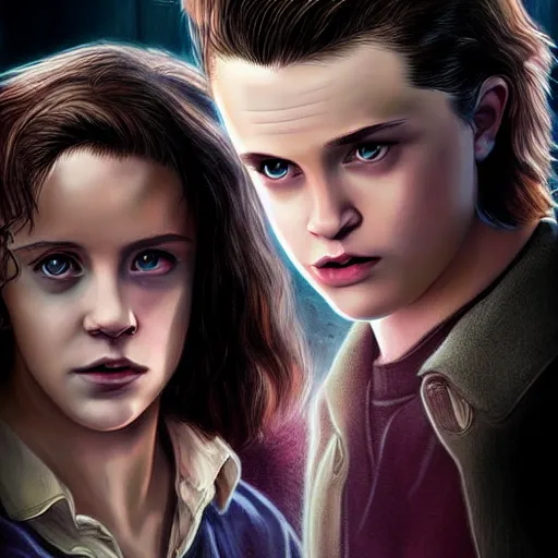 Prompt: Twilight version of Stranger Things, Portrait of Edward and Bella, photorealistic, dramatic lighting, soft, sharp focus, highly detailed, digital painting