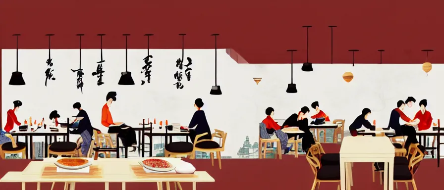 Image similar to a beautiful interior view illustration of a small roasted string hotpot restaurant in yan'an city, corner, restaurant wall paper is tower amd mountain, rectangle white porcelain table, people are eating, black chair, animation illustrative style, from china, simple style structure decoration design, victo ngai, james jean, 4 k hd