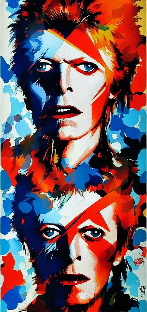 Image similar to David Bowie by Ashley Wood, Yoji Shinkawa, Jamie Hewlett, 60's French movie poster, French Impressionism, vivid colors, palette knife and brush strokes, Dutch tilt