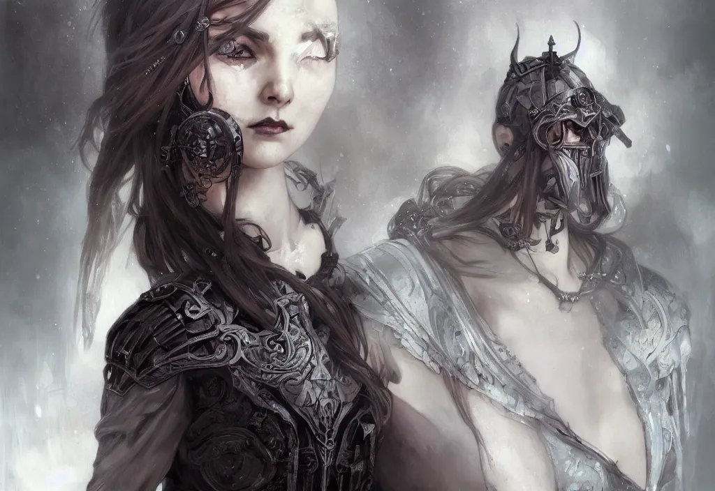 Image similar to beautiful and gothic and evil and dieselpunk young medieval female knight portrait + smoky eyes + front face with light flowing hair, ultradetail face, art and illustration by tian zi and craig mullins and wlop and alphonse mucha, fantasy, intricate complexity, human structure, human anatomy, fantasy character concept, watermark, blurry, hyperrealism 8 k