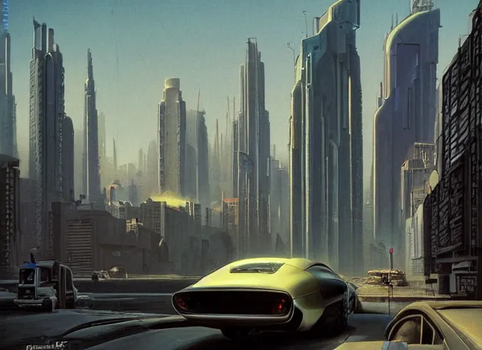 Image similar to a car driving down a street next to tall buildings the night at 10:00 am, cyberpunk art by Chesley Bonestell, cgsociety, retrofuturism, matte painting, reimagined by industrial light and magic