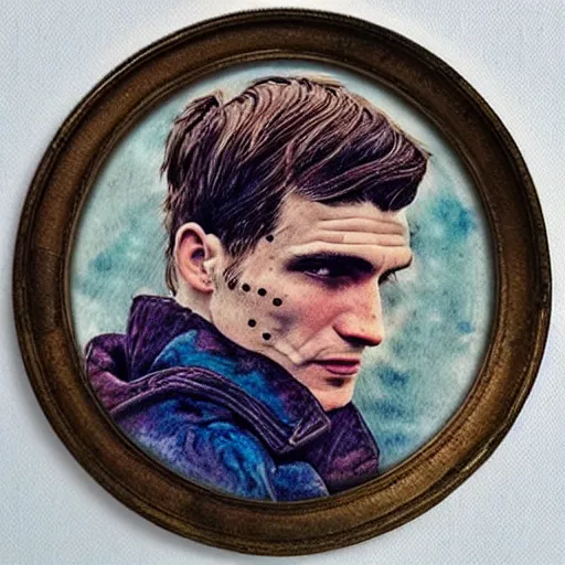 Image similar to a tattoo of thomas shelby, color restoration, sketch, watercolor, only his face in a round frame, dotted