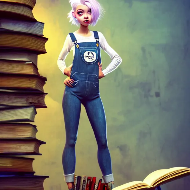 Image similar to full body pose, beautiful adult fairy, pixar, short white hair shaved sides, dirty, grungy, grunge, long sleeve, painted overalls, stacks of giant books, highly detailed, 4 k, hdr, smooth, sharp focus, high resolution, award - winning photo, artgerm, photorealistic