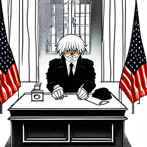 Prompt: president griffith from berserk by kentaro miura sitting at white house desk with american flag at his side