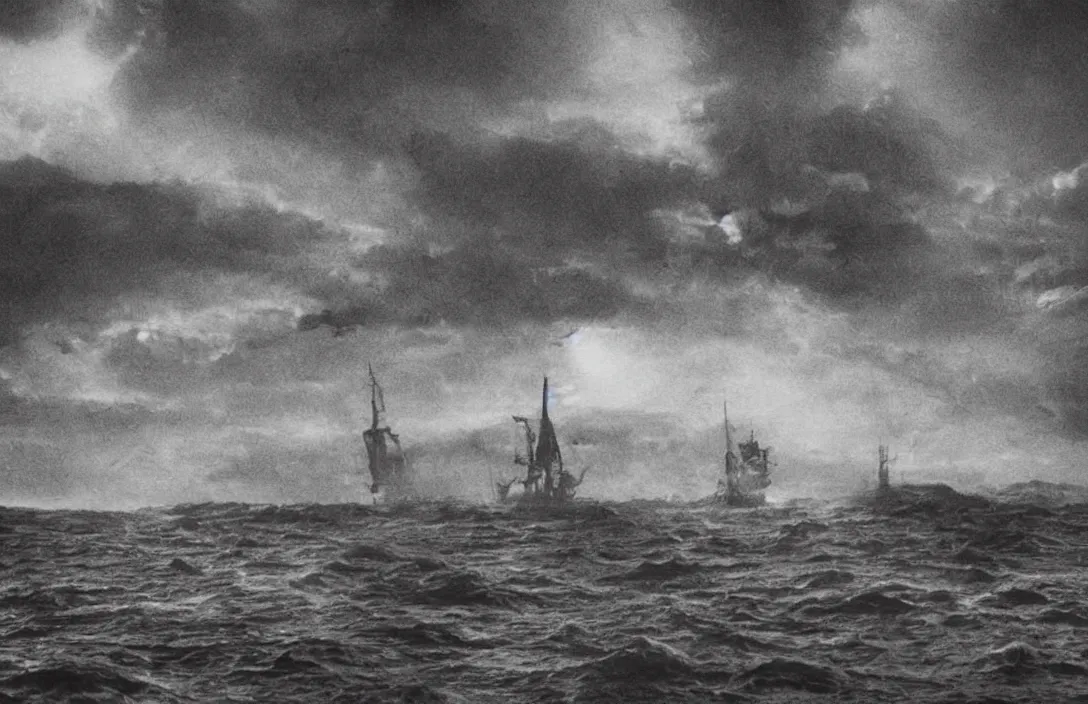 Image similar to ship ever further out to sea futuristic wanders in disconsolate disarray intact flawless ambrotype from 4 k criterion collection remastered cinematography gory horror film, ominous lighting, evil theme wow photo realistic postprocessing directed by kurosawa wanders in disconsolate disarray artists oeuvre jan van der heyden