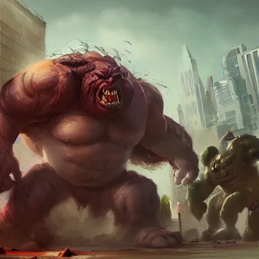 Prompt: a huge angry violent ogre stomps through a suburban neighborhood, people run, by yuumei, bayard wu, wlop, tim white, ross tran, 4 k