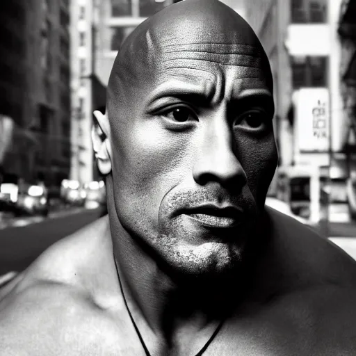 Image similar to closeup portrait of a Dwayne Johnson , new york back street , by Steve McCurry and David Lazar, natural light, detailed face, CANON Eos C300, ƒ1.8, 35mm, 8K, medium-format print