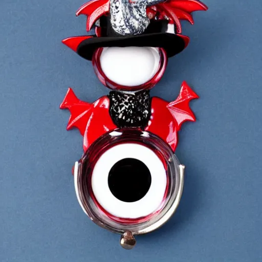 Image similar to Adorable sparkling, shiny crimson baby dragon with cute crystal clear blue eyes wearing a black top hat and a monocle