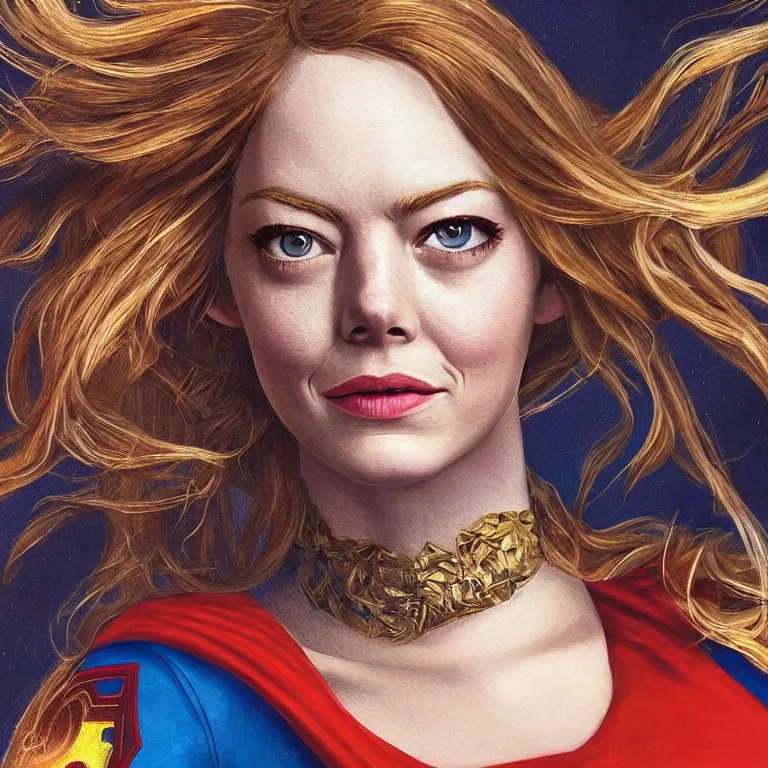 Image similar to highly detailed portrait of Emma Stone as Superwoman, intricate, masterpiece