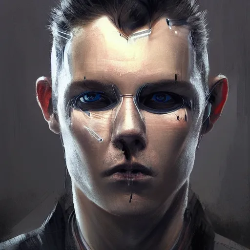 Image similar to Portrait of a man by Greg Rutkowski, symmetrical face, an young man with a VR Heaset covering his eyes, Kubric Stare, cold, twisted and sinister smile, highly detailed portrait, scifi, digital painting, artstation, book cover, cyberpunk, concept art, smooth, sharp foccus ilustration, Artstation HQ