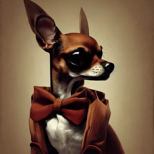 Image similar to ripped physique bone crown collar leash Man Steampunk portrait Sherlock Patrick Bateman snout Detective Anthropomorphic furry fuzzy fashion vogue Chihuahua man wearing a Chihuahua costume wearing an Executive costume gerald brom bastien grivet greg rutkowski norman rockwell portrait face head snout ears eyes illustration tombow