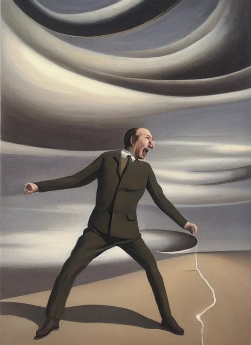 Image similar to saul goodman, screaming, painting by kay sage,'action lines '!!!, graphic style, visible brushstrokes, motion blur, blurry