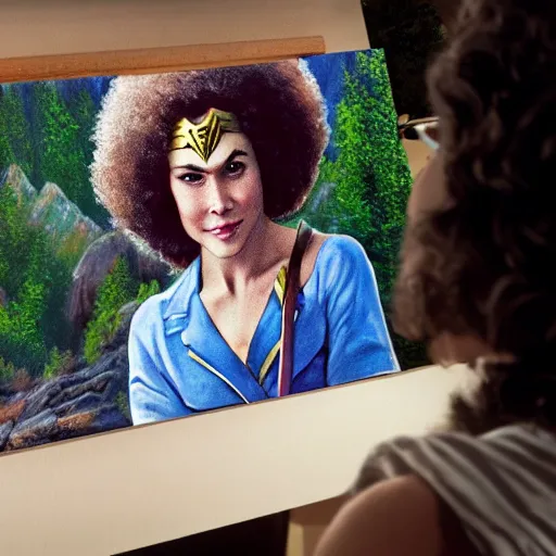 Image similar to a closeup photorealistic photograph of bob ross working on a canvas painting of wonder woman. film still. brightly lit scene. mountains and trees. this 4 k hd image is trending on artstation, featured on behance, well - rendered, extra crisp, features intricate detail, epic composition and the style of unreal engine.