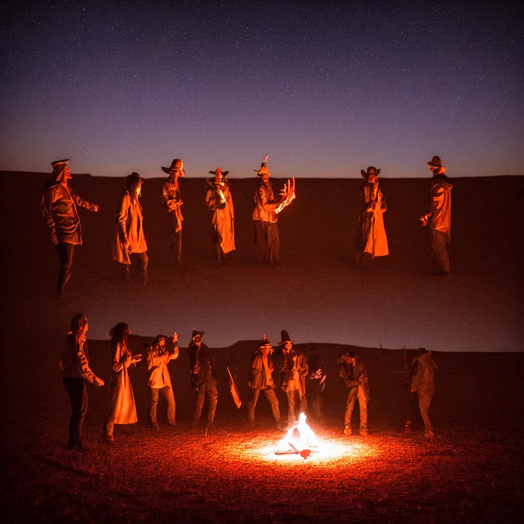 Image similar to atmospheric long exposure night photograph of three ravers, two men, one woman, woman is in a trenchcoat, blessing the soil at night, people facing fire circle, two aboriginal elders, dancefloor kismet, diverse costumes, clean composition, starlight bokeh, desert transition area, bonfire, atmospheric night, australian desert, symmetry, sony a 7 r