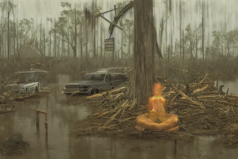 Image similar to scene from louisiana swamps, voodoo cult, old protestant church with neon satanic pentagram, junkyard by the road, boy scout troop, voodoo artwork by tim eitel