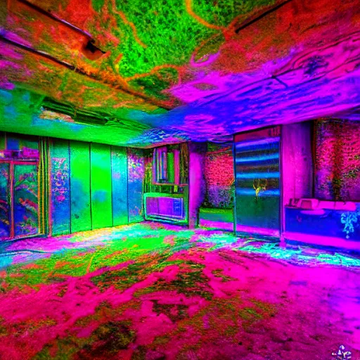 Image similar to psychadelic RGB basement, perfect for smoking dmt, photograph 4k