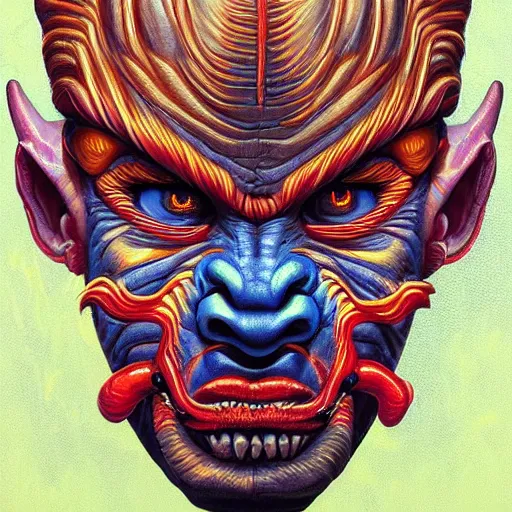 Prompt: intricate five star oni demon facial portrait by casey weldon, oil on canvas, hdr, high detail, photo realistic, hyperrealism, matte finish, high contrast, 3 d depth, centered, masterpiece, vivid and vibrant colors, enhanced light effect, enhanced eye detail, artstationhd