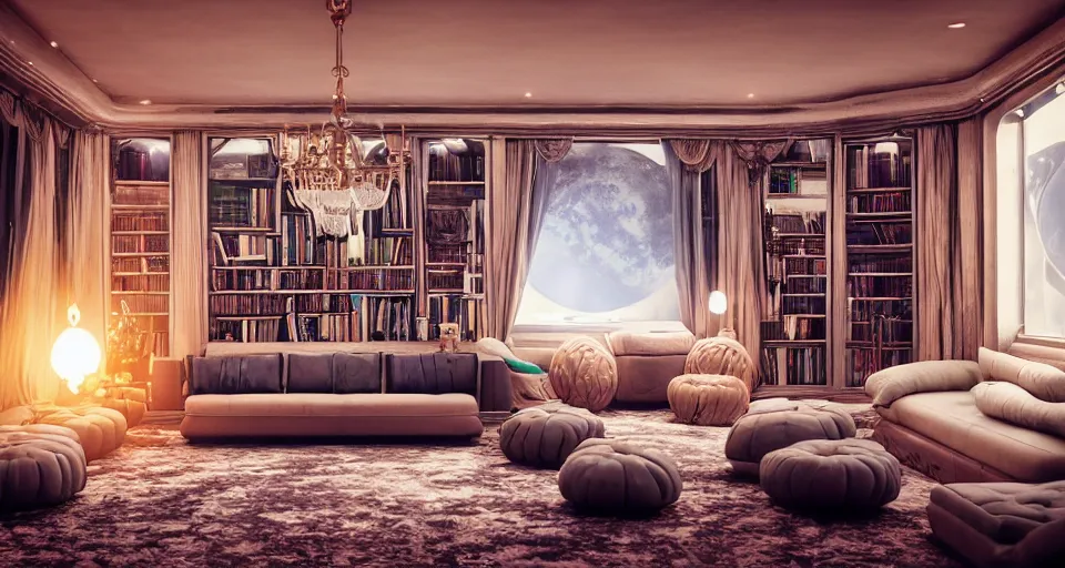 Prompt: a very luxurious room of couches and cushions on a spaceship, looking more decadent than futuristic, a small fountain and a lemon tree, bookshelves, hyper realistic, photo quality, trending on artstation, octane render, unreal engine 5