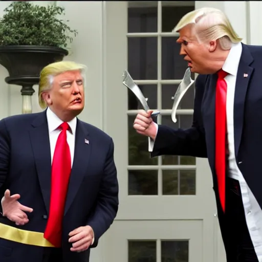 Image similar to obama and donald trump sword fight