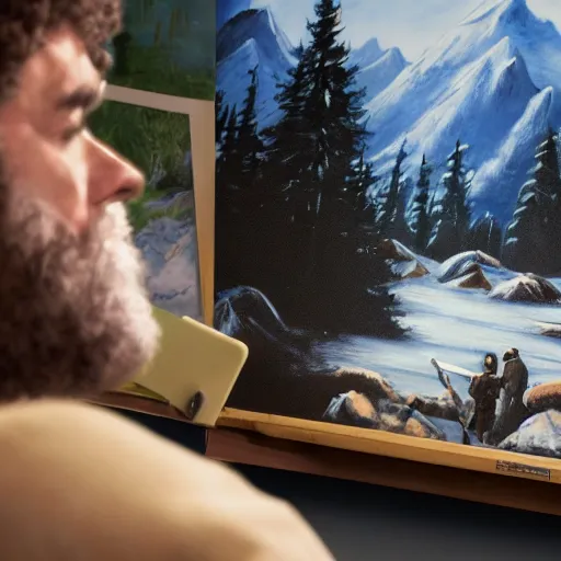 Prompt: a closeup photorealistic photograph of bob ross working on a canvas painting of batman and robin. film still. brightly lit scene. mountains and trees. this 4 k hd image is trending on artstation, featured on behance, well - rendered, extra crisp, features intricate detail, epic composition and the style of unreal engine.