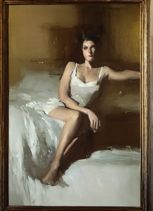 Prompt: portrait painting of a woman posing in an artistic over a bed, white satin sheets by jeremy mann, only one head single portrait