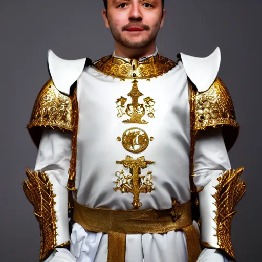 Image similar to man in white and decorated with gold baroque style armor with kingdom of jerusalem emblem on his chest
