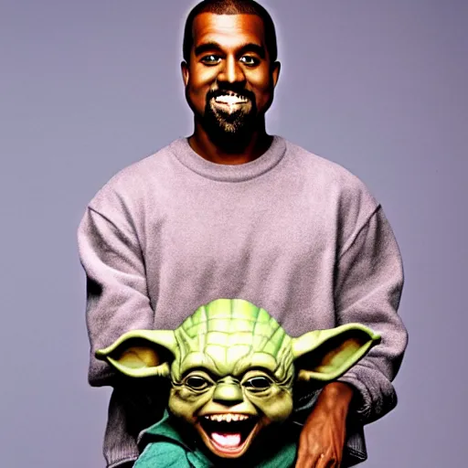 Prompt: kanye west smiling and holding holding yoda for a 1 9 9 0 s sitcom tv show, studio photograph, portrait
