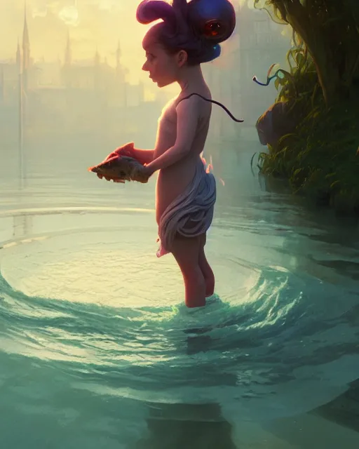 Image similar to highly detailed vfx portrait of a cute little rat casting water magic, unreal engine, greg rutkowski, loish, rhads, beeple, makoto shinkai and lois van baarle, ilya kuvshinov, rossdraws, tom bagshaw, alphonse mucha, global illumination, detailed and intricate environment