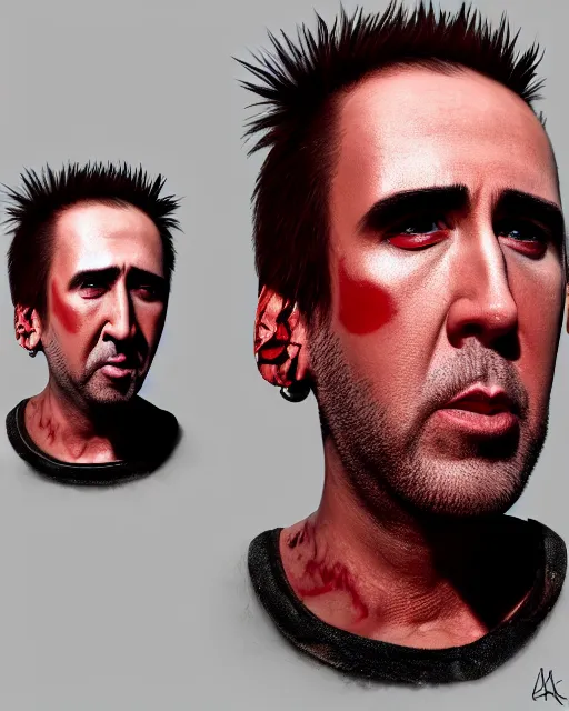 Image similar to nicolas cage with a short red dyed mohawk, red eyes and a slim face, gauged ears, dressed in crustpunk clothing, headshot, attractive, handsome, in color, no makeup, model, trending on artstation, high quality art, character design, realism