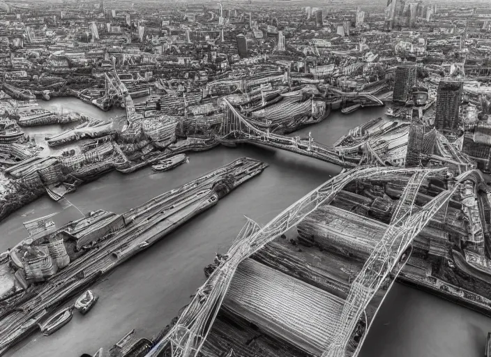 Image similar to A professional photograph of the London Bridge with the river Thames completely dried up, cyberpunk, futuristic, highly detailed, 4K, extreme detail, HDR