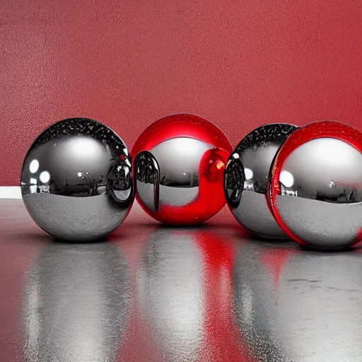 Prompt: chrome spheres on a red cube by karel dujardin
