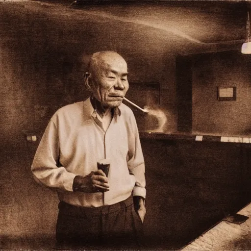 Image similar to An oldman, smoking, in a bar, Chinese Painting, Polaroid, Wide Angle