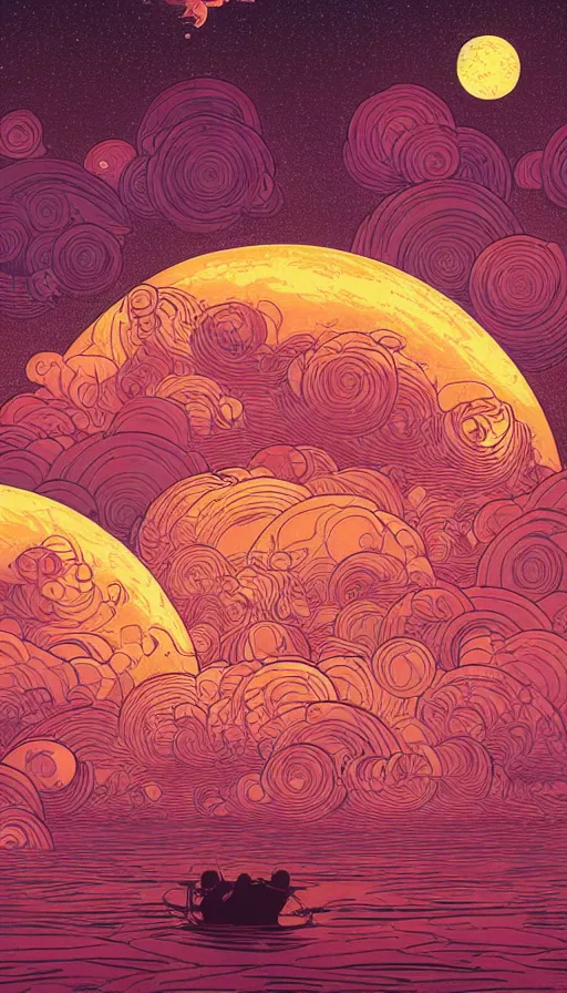 Prompt: copper full moon floating on cosmic cloudscape at sunset, futurism, dan mumford, victo ngai, kilian eng, da vinci, josan gonzalez