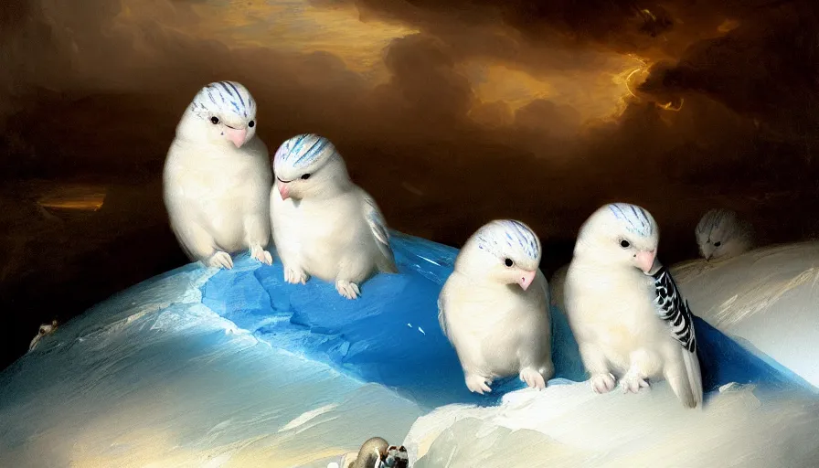 Prompt: highly detailed painting of cute furry white baby budgie cats cuddling into each other on a blue and white iceberg by william turner, by greg rutkowski, by william constable, thick brush strokes and visible paint layers, 4 k resolution