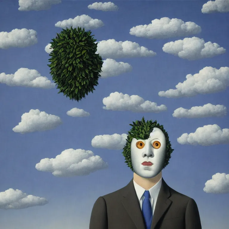 Image similar to portrait of a faceless beautiful flower - head man in a suit, clouds in the background, by rene magritte, detailed painting, distance, middle centered, hd, hq, high resolution, high detail, 4 k, 8 k