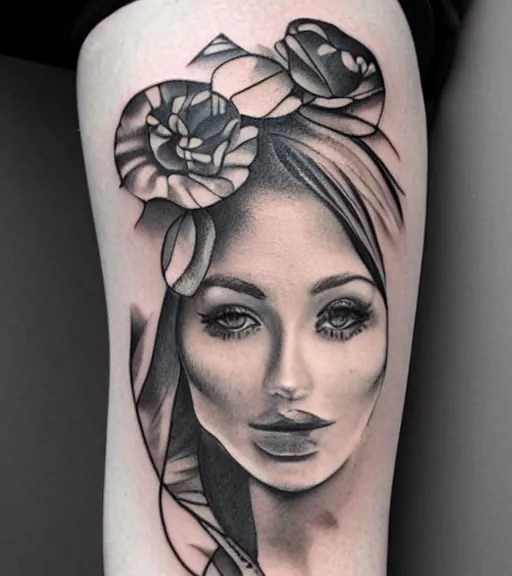 Image similar to tattoo design sketch of a beautiful woman face with a faded background of beautiful nature on her side, hyper - realistic, in the style of den yakovlev, amazing detail, black and white