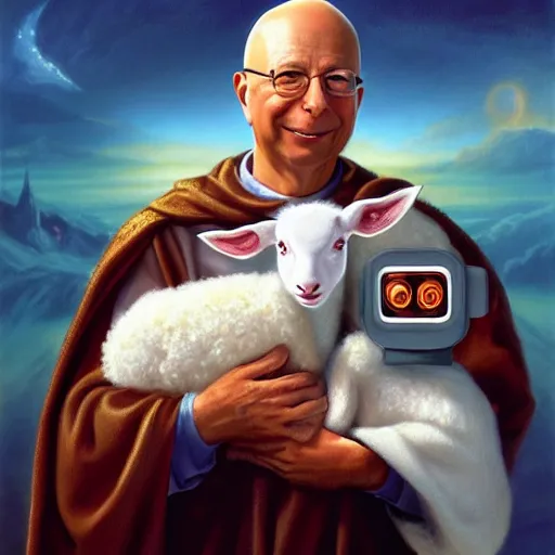 Image similar to a detailed fantasy character painting of Klaus Schwab holding an Android robot lamb dressed like Jesus Christ, by lauri blank, artgerm, evelyn de morgan, 8K, 50mm lens
