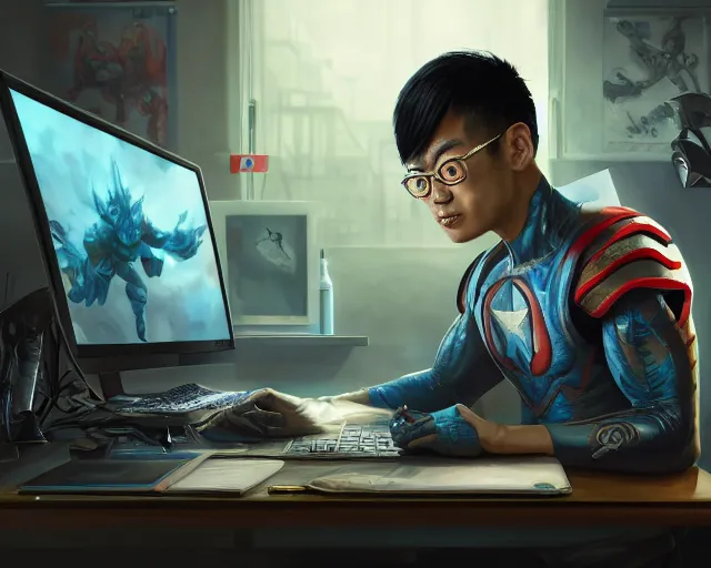 Image similar to an insanely detailed painting of a nerdy asian man wearing a superhero costume, sitting at a desk, staring at the nervously at the computer and typing, in the style of peter mohrbacher, dramatic lighting and composition, octane render, pixar, trending on artstation, concept art, comic book, view from behind