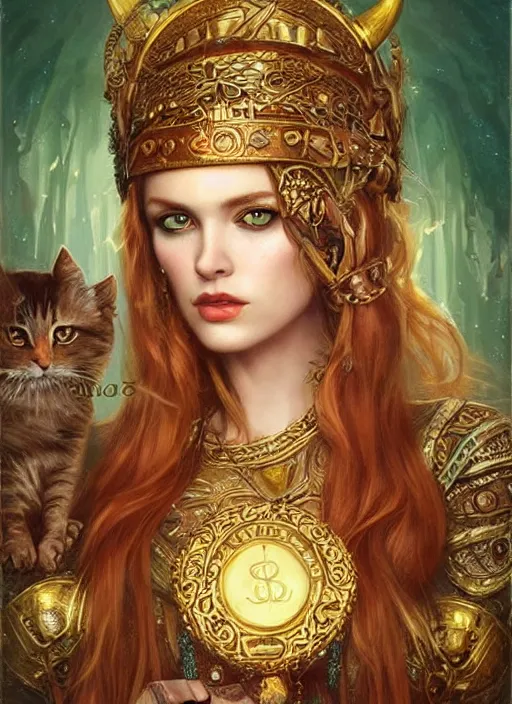 Prompt: beautiful viking woman surrounded by treasure and gold, perfect face, green eyes, wearing an ornate golden robe, two ginger cats in background, tom bagshaw