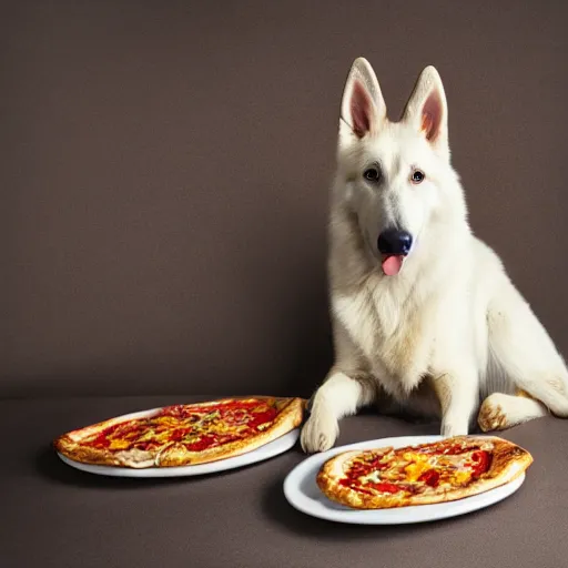 Image similar to detailed photo of a white german shepherd eating pizza, various posed, full body, studio light, 8 k, photorealism, intricate detail, diffuse lighting