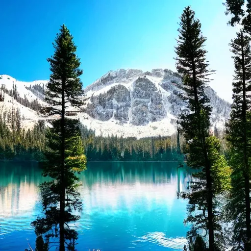 Image similar to a lake surrounded by pine trees with mountains in the background in the style of Bob Ross