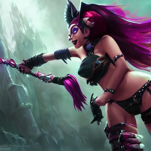 Image similar to jinx from league of legends, epic scene, paint by Raymond Swanland