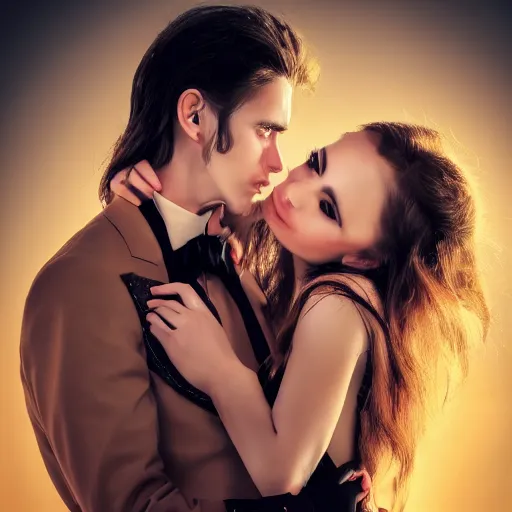 Image similar to handsome vampire holding a beautiful girl, 4 k, professional photograph, romance novel cover