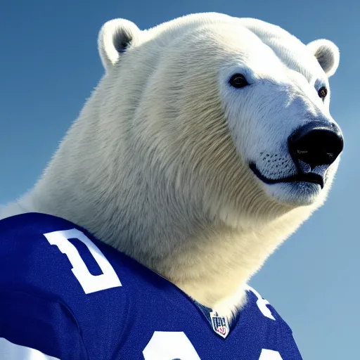 Image similar to A polar bear wearing a colts jersey. 4k, cinematic, high resolution, realistic