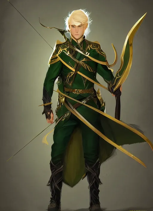 Image similar to Half-body of a handsome blonde elven ranger in green and gold jacket with a crossbow. In style of Hyung-tae Kim and Greg Rutkowski, concept art, trending on ArtStation, Korean MMORPG, over-detailed art, 4K, epic, dynamic lightning, dramatic pose.