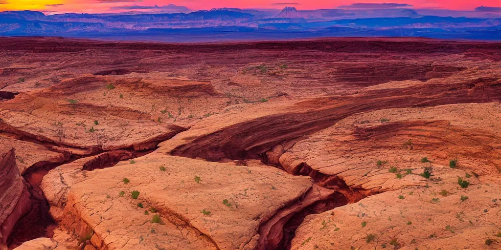 Image similar to “a dried river bend through a canyon surrounded by desert mountains at sunset, moab, utah, a tilt shift photo by Frederic Church, trending on unsplash, hudson river school, photo taken with provia, national geographic photo”