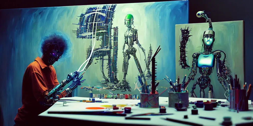 Image similar to photo of futuristic holy futuristic cyborg - robot - painter - artist creating a painting with acrylic paint and brushes in a futuristic artist studio by h. r giger, by, rich deep colors. masterpiece, intricate artwork by tooth wu and wlop and beeple, gaspar noe, james cameron,