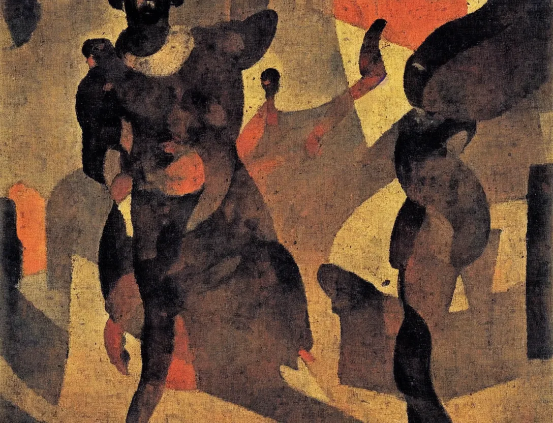 Image similar to a multiracial greek god following a watchful light through the streets of a city, sparse detail, by george luks, joan miro and moebius