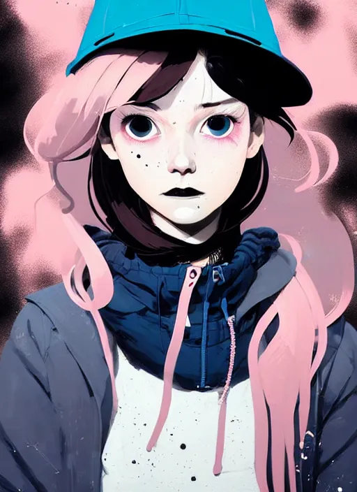 Image similar to highly detailed portrait of a street punk lady student, blue eyes, bubble jacket, hat, white hair by atey ghailan, by greg rutkowski, by greg tocchini, by james gilleard, by joe fenton, by kaethe butcher, gradient pink, black, brown and light blue color scheme, grunge aesthetic!!! ( ( graffiti tag wall background ) )